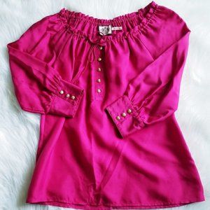 100% Silk Juicy Couture Size 4 Hot Pink Blouse with Heart Shaped Buttons
